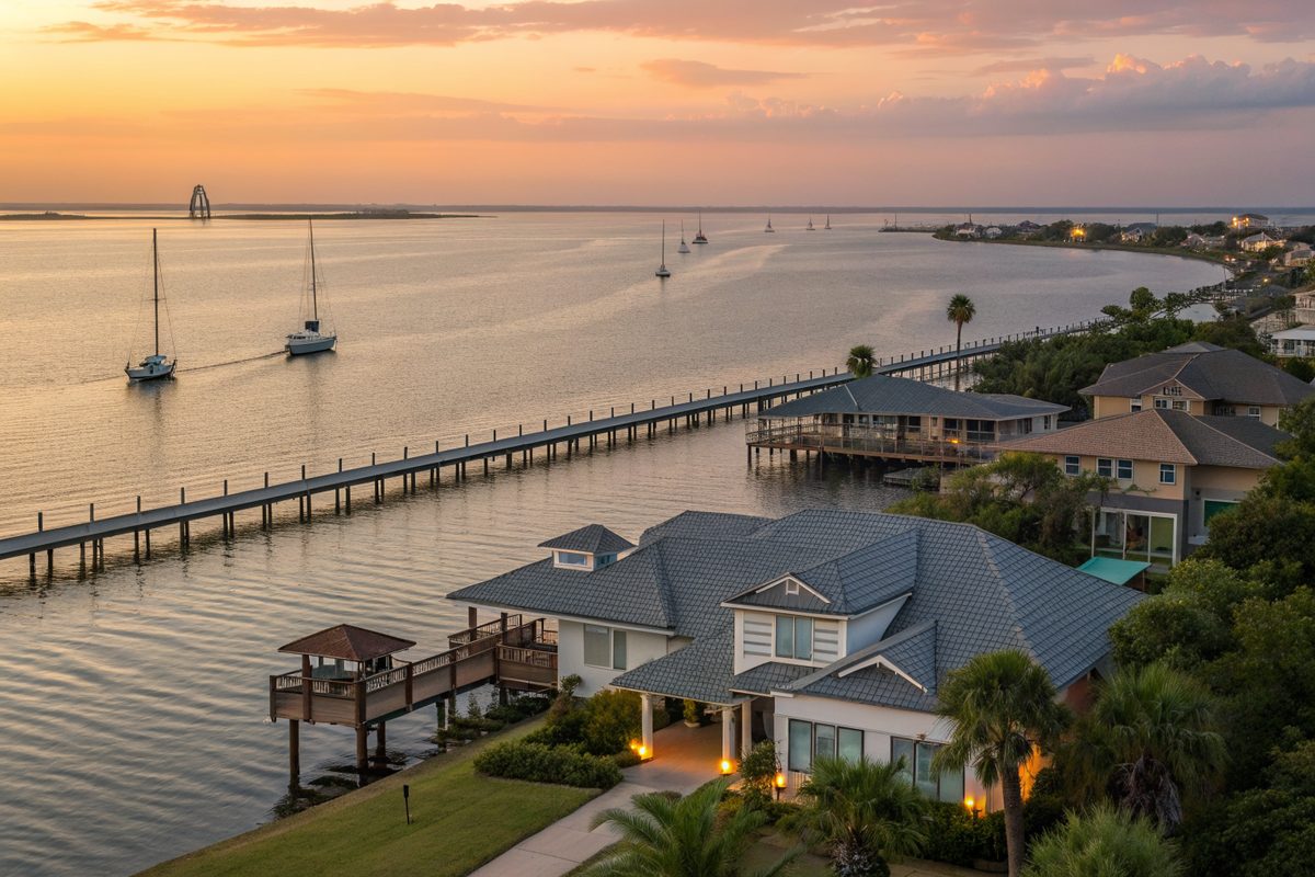 Waterfront homes with shingle roofs and a long wooden pier on a calm bay at sunset
