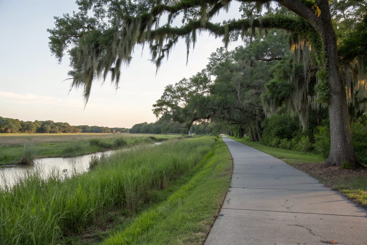 A paved path beside a slow bayou lined with live oaks and tall grass
