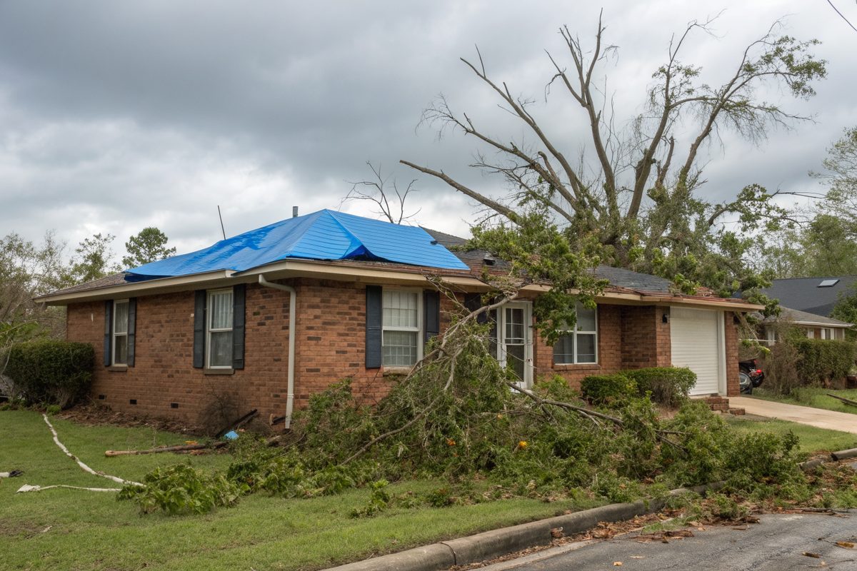 A brick ranch home with a blue tarp over part of its roof and storm debris in the yard