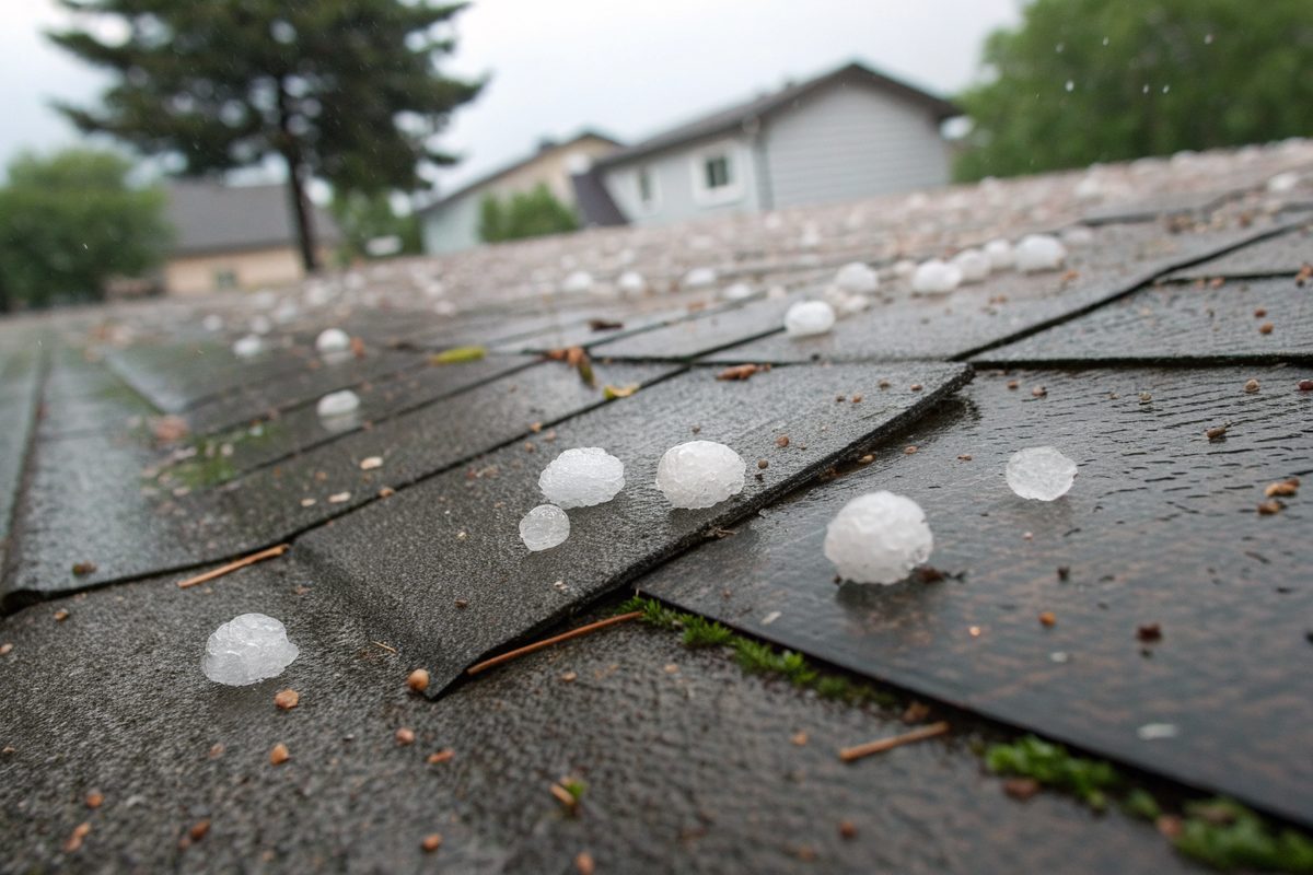 Hailstones scattered on wet dark asphalt shingles after a storm
