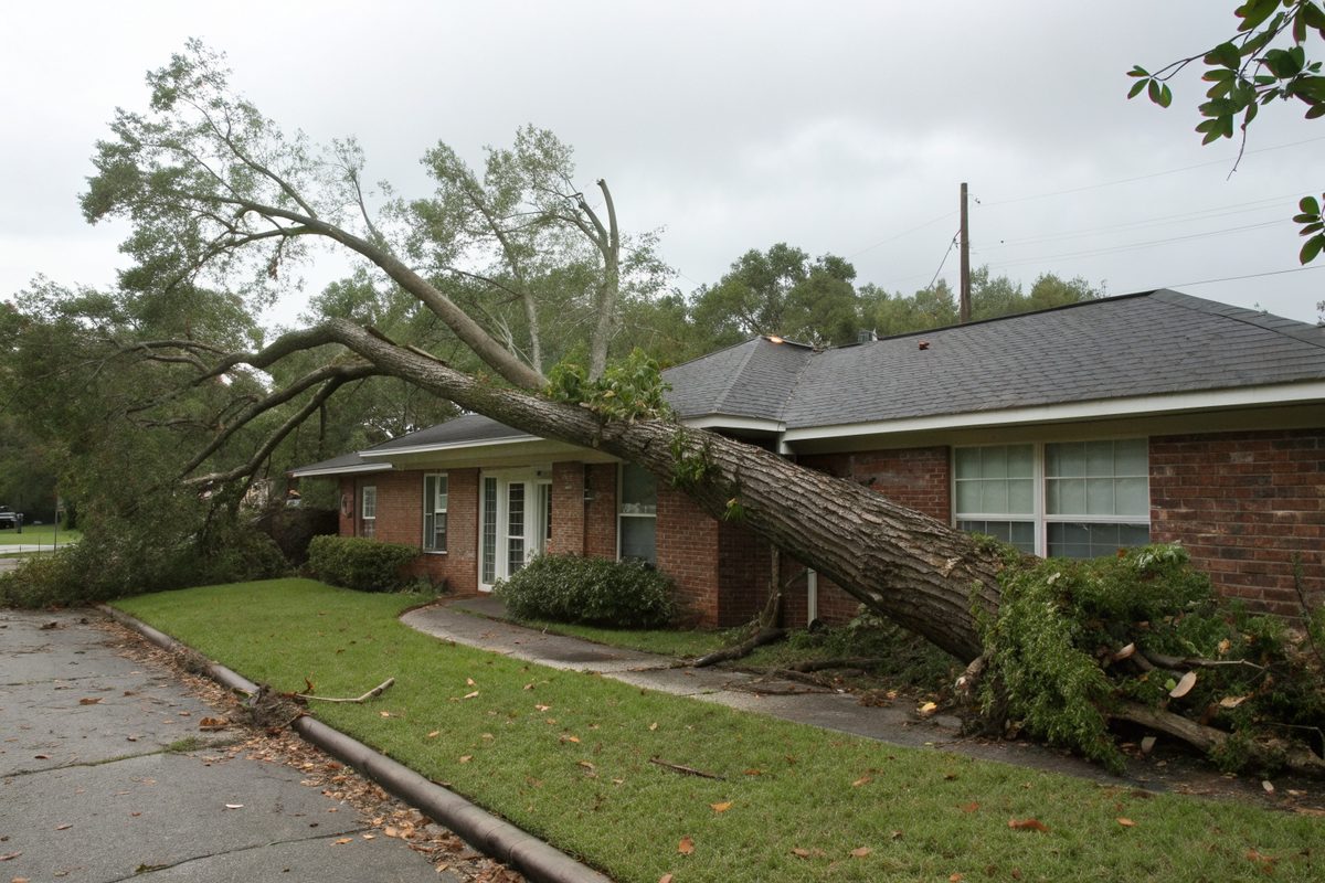 A broken live oak limb lying across the roof edge of a brick house after a windstorm