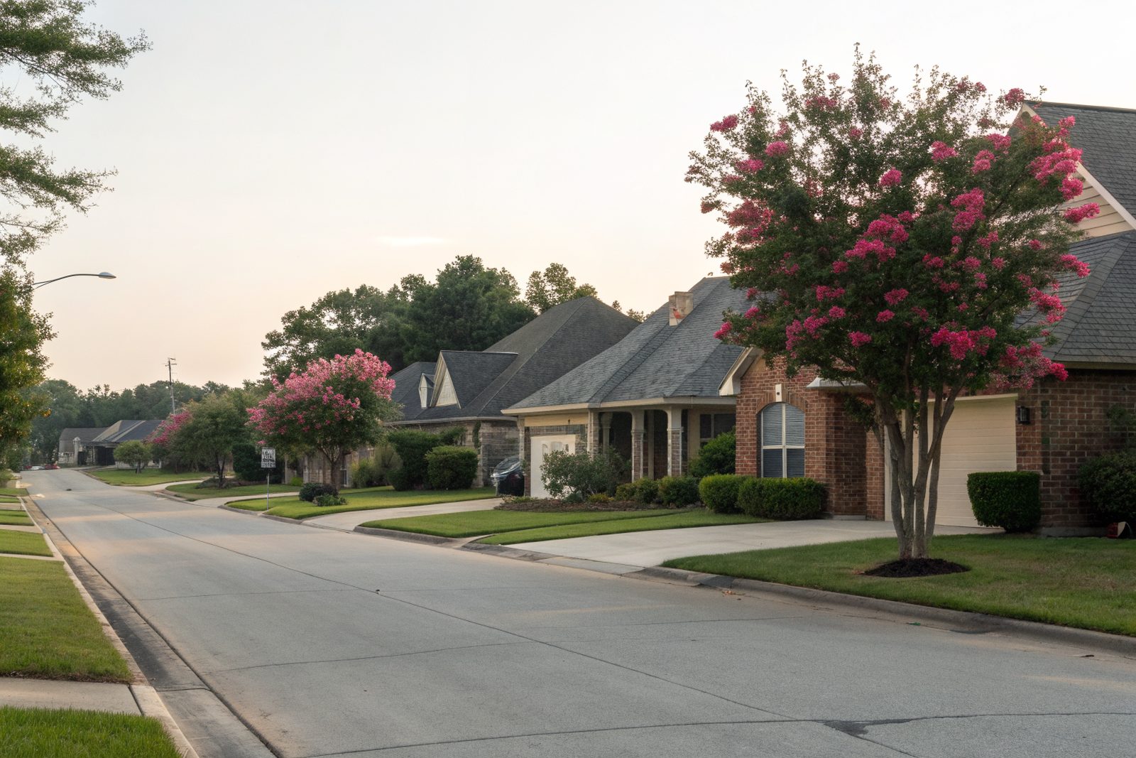A flat street of one-story brick homes with shingle roofs and blooming crepe myrtles