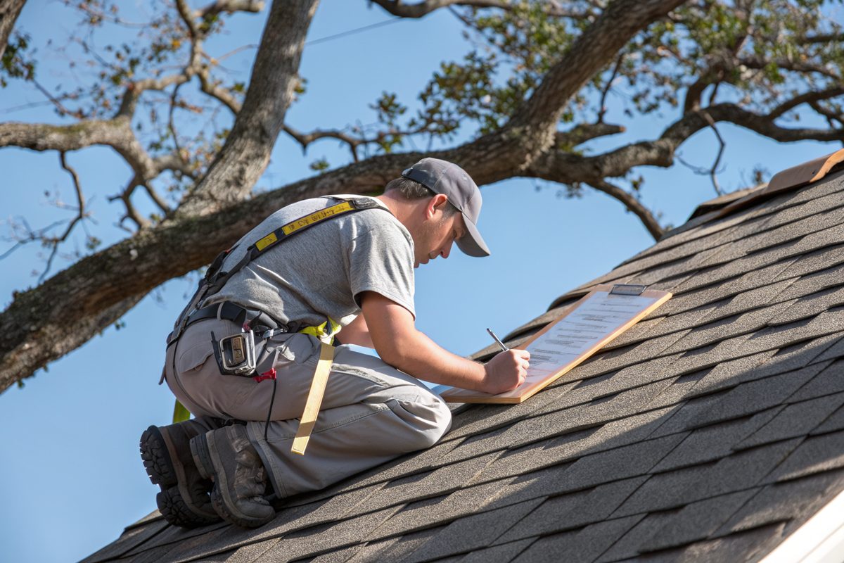 A roofer in a safety harness kneeling on a shingle roof and taking notes on a clipboard