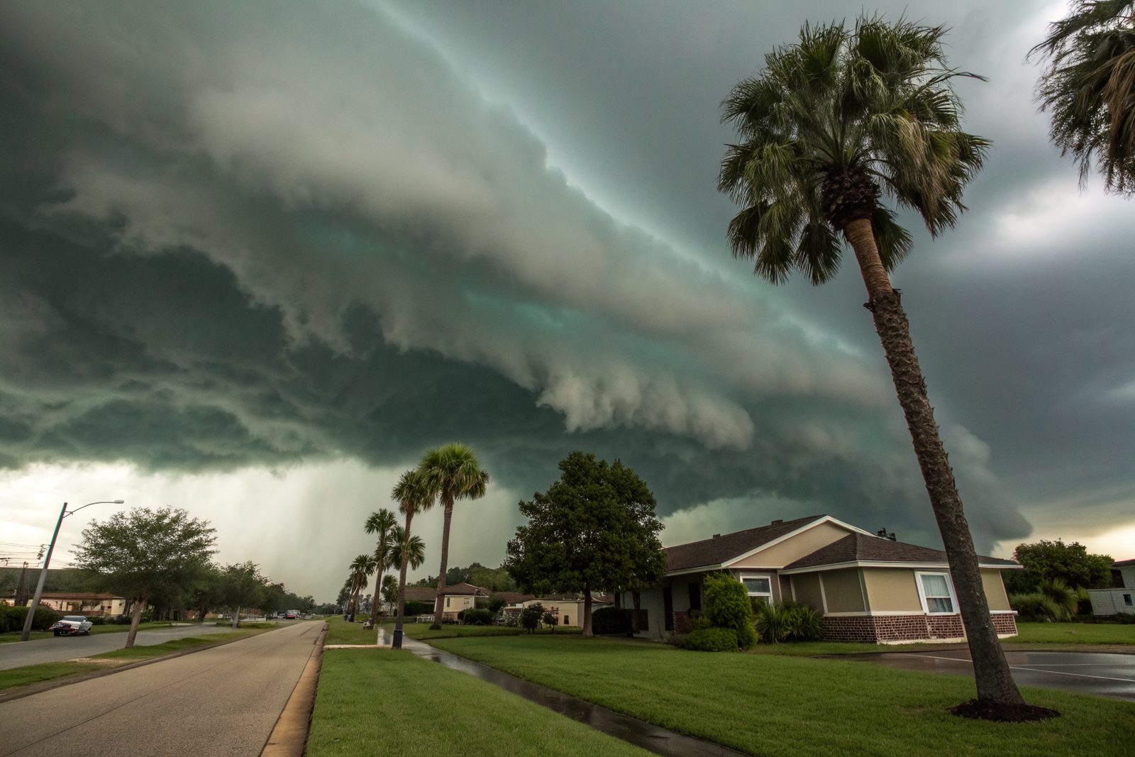 A dark shelf cloud rolling over a flat neighborhood of one-story homes and palm trees