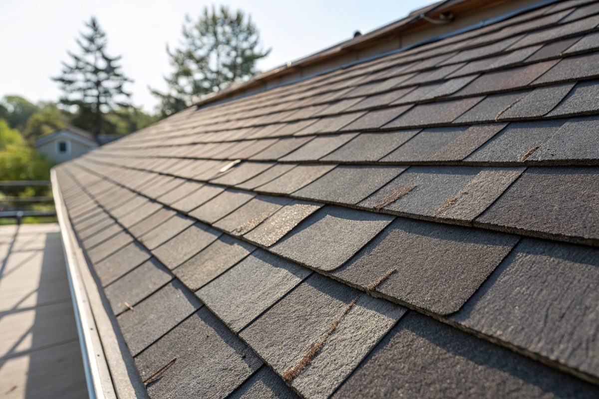 Close view of new architectural asphalt shingles in bright sun
