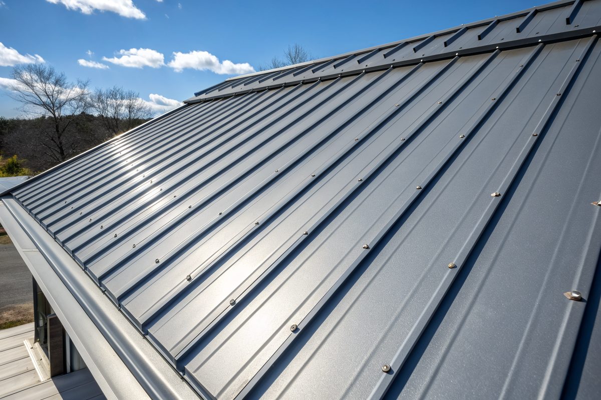 Close view of charcoal standing-seam metal roof panels against a blue sky