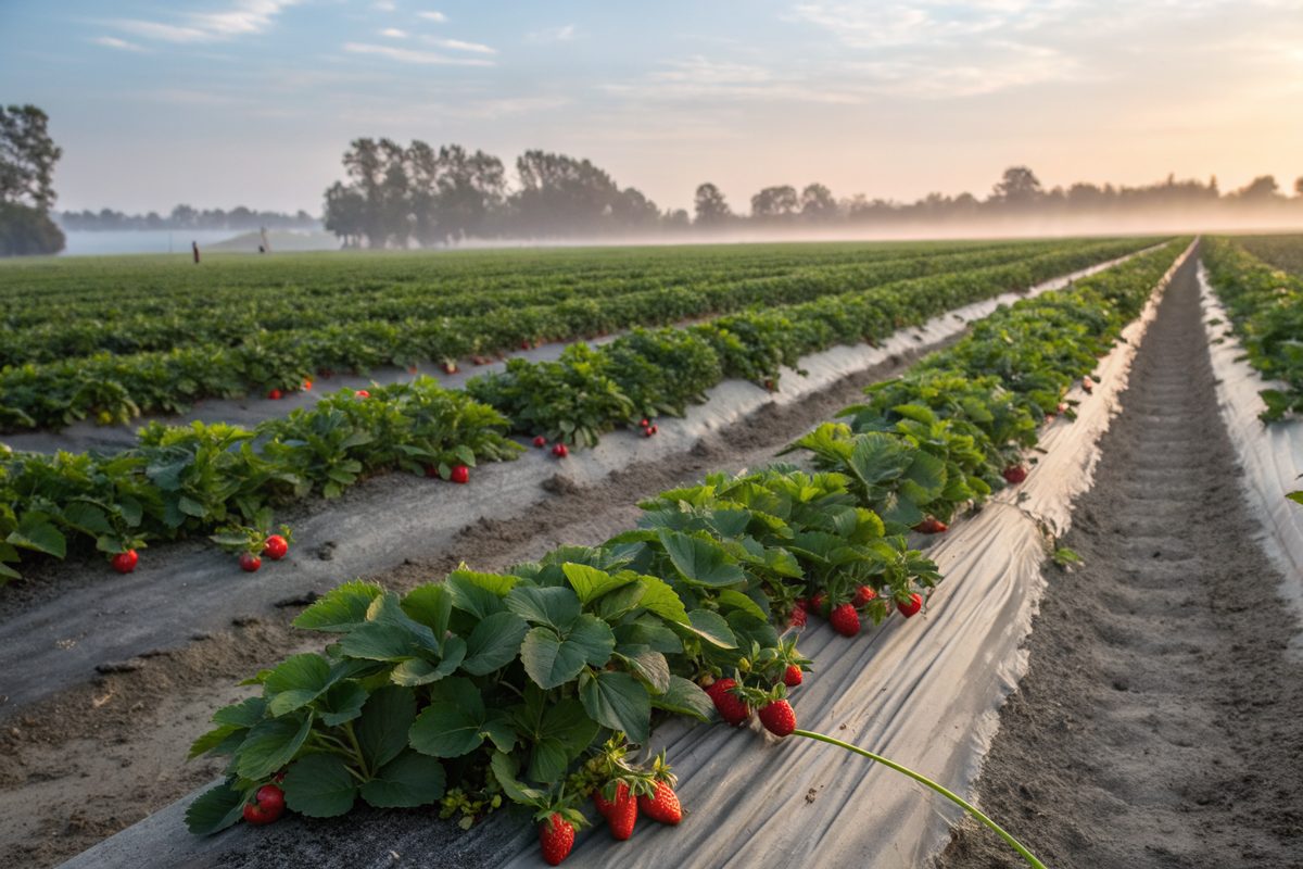 Rows of ripe strawberry plants in a flat farm field at sunrise