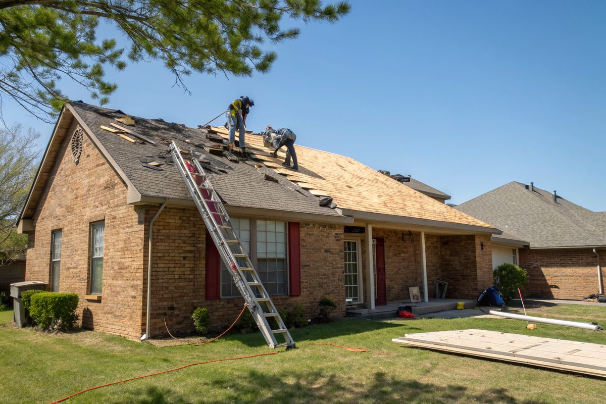 A brick house mid-replacement, half its old shingles stripped to the plywood decking