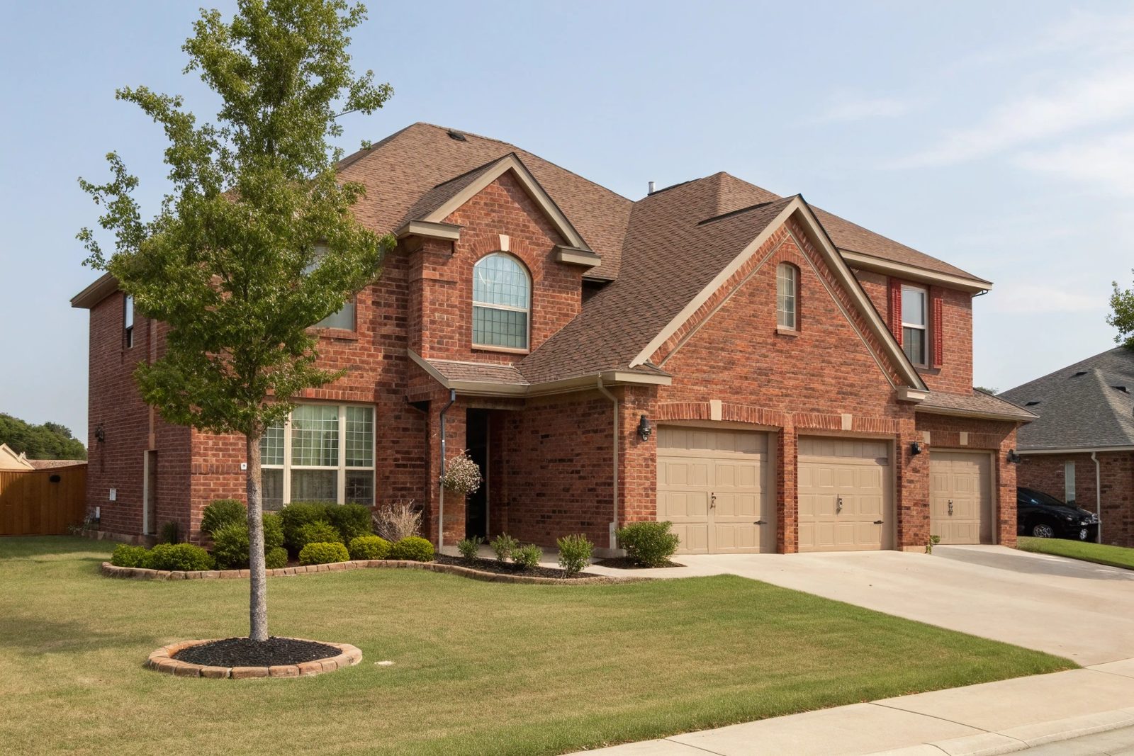 A two-story red brick home with a brown shingle roof and a young oak in the front lawn