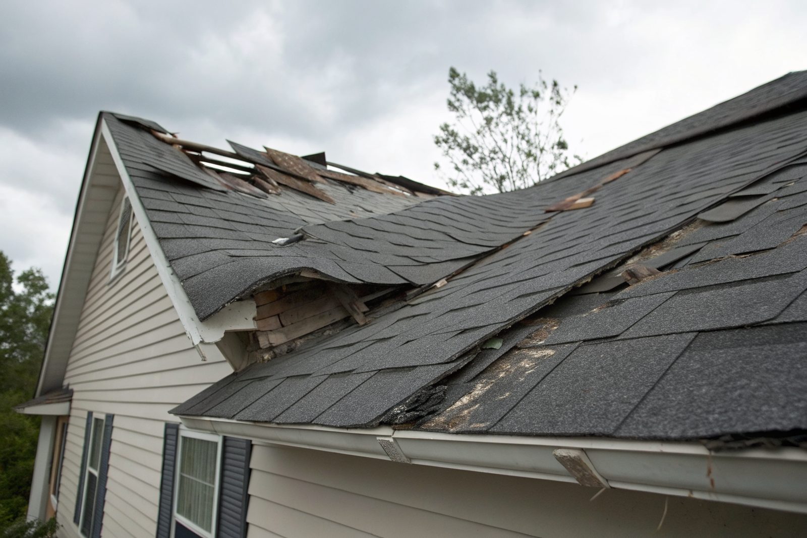Wind-lifted and torn asphalt shingles on a house roof under an overcast sky